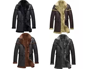 Men's Real Sheepskin Faux Fur Lined Long Coat Real Sheep Leather Winter Trench - Picture 1 of 13