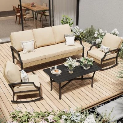 Outdoor Patio Rattan Conversation Furniture Set with Coffee Table, Rocking Chair - Image 1 of 4