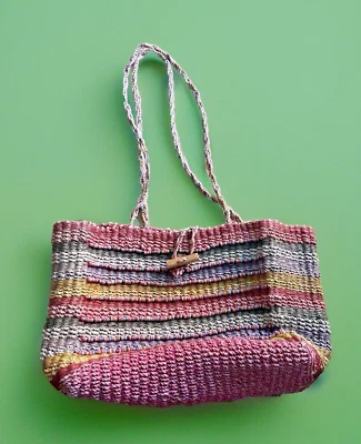 Bolso de Compras Tejido Yute Cartera Boho Cuentas Coloridas Rayas Mercado Foto 1 de 4