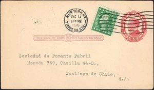 169 US TO CHILE PS STATIONERY POSTAL CARD 1916 NEW YORK - SANTIAGO - Picture 1 of 2