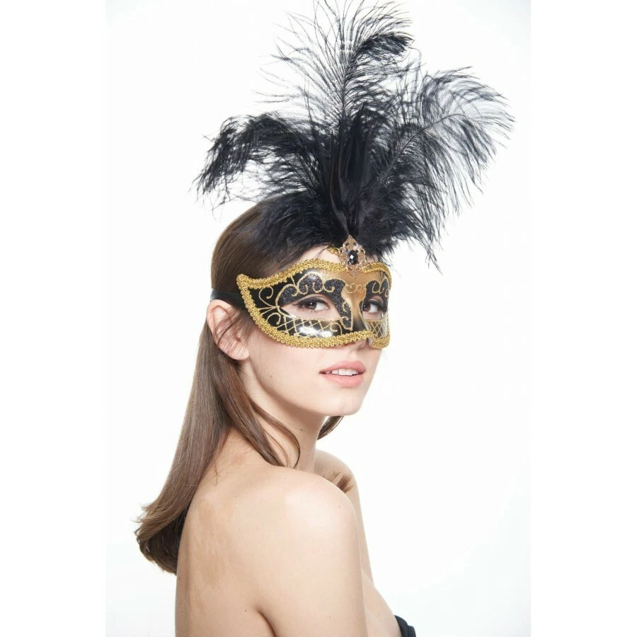 Black Gold Masquerade Ball Feather Mask Mardi Gras Carnival Dressup Dance Party  - Image 1 of 1