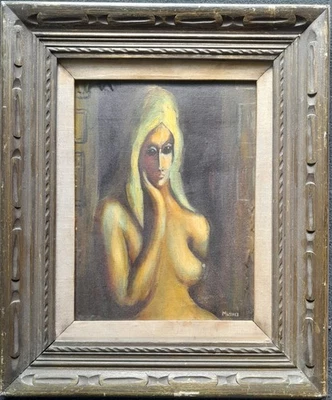 MID CENTURY MODERN NUDE BLONDE MODEL SURREALISM VINTAGE OIL/CANVASBOARD SIGNED  - Image 1 of 4