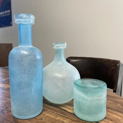 TRIO of West Elm Frosted Waterscape Sea Glass Bottles Vases Scavo Aqua Blues - Image 1 of 4