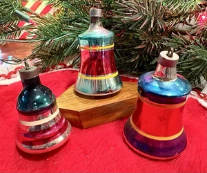Three VTG Premier Stripe Blown Glass Bell Christmas Ornaments 2-1/4” and 2-3/4" - Picture 1 of 4