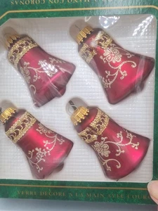 Krebs Glocke Ornamente Rot Glas Gold Glitzer Schnörkel Design 4er Set USA Verpackt - Bild 1 von 5