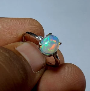 Anillo de ópalo etíope de plata de ley 925, cabujón ovalado, anillo llamativo para ella - Imagen 1 de 14