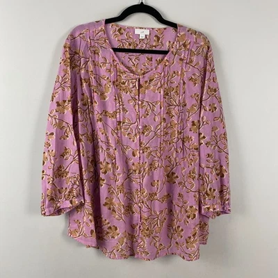 J Jill Pintuck Floral Blouse Size XL Pink 3/4 Sleeves Cotton - Image 1 of 4