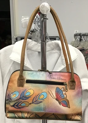 Bolso de Mano Anuschka Cuero Pintado a Mano Pavo Real/Mariposa "Usado" Foto 1 de 4