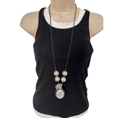 VETEMENTS Collana Medaglione Lungo Donna Finta Perla Bronzo Catena "Per Questo Bambino..."