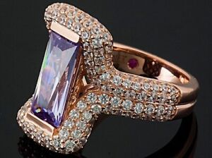 Plated Gold Solitaire Ring Rose 925 SS CZ Unique Design Purple Women ADASTRA