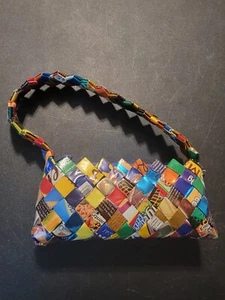Recycled Mini Candy Wrappers Purse 3"T X 7"W Overall W/Strap 8"T - Picture 1 of 5
