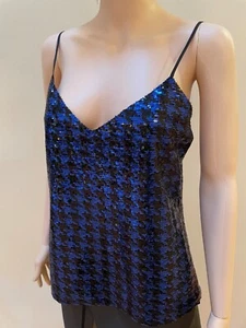 NWT L'AGENCE Tank Top V-Neck Camisole with Blue/Black Sequined Houndstooth Print - Picture 1 of 16