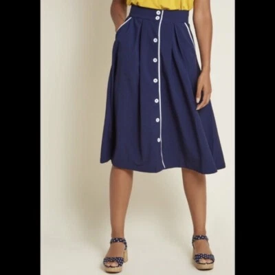 NWOT Modcloth Intelligent Involvement Navy Blue White Button Front Midi Skirt  - Image 1 of 4
