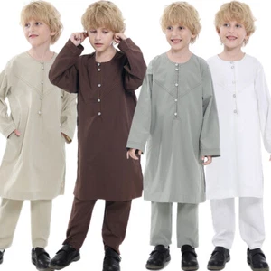 2PCS Kids Boys Dubai Arab Long Sleeve Tops Pants Muslim Islamic Clothing Kaftan - Picture 1 of 46