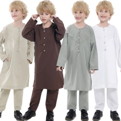 Muslim Kids Boys Thobe Robe Saudi Long Sleeve Tops Pants Kaftan Dress Islamic - Image 1 of 4