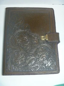 Portafolio RW de cuero genuino floral marrón oscuro mecanizado a mano - Imagen 1 de 12