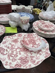 19pc CHIPPENDALE Pink/Red Johnson Brothers England Platter, Serving Bowl,& More - Picture 1 of 9