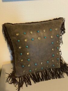 Canaan Company Beautiful Leather Fringe Studs Throw Pillow Square Brown Western