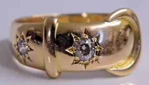 ANTIQUE 18ct GOLD TWO OLD CUT DIAMONDS BUCKLE RING Size O - Picture 1 of 14