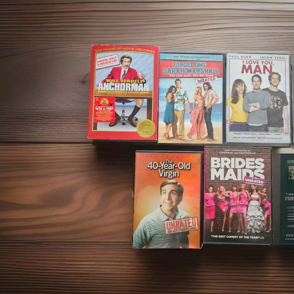 Lot of 5 2000's Comedy DVDs Anchorman, 40 Year Old Virgin, Bridesmaids Used VG+ - Image 1 of 1