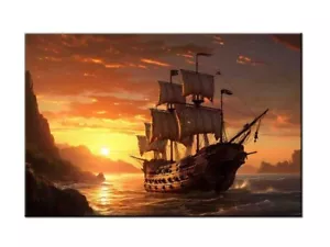 Kunstwerk Piraten Schiff Boot Ölgemälde gedruckt auf Leinwand Zuhause Kunst Wanddekor - Bild 1 von 11