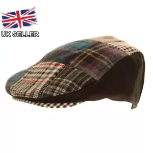 MENS FLAT CAP PATCHWORK RACING COUNTRY MENS HAT BLACK BROWN GREY UK SELLER - Picture 1 of 6