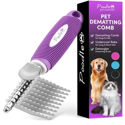POODLIE Poodle Dematting Fur Rake Comb Brush for Dogs and Cats - Long 2.5" Steel Safe...