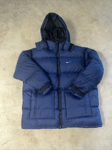 Nike Puffer Down Jacket Mens XXL Navy Removable Hood Zip Front Pockets Logo Y2K - Picture 1 of 7