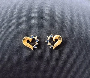 14 Karat Gold echter Diamant Saphir offenes Herz Ohrstecker September Geburtsstein - Bild 1 von 8