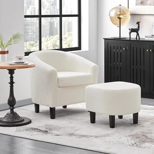 Accent Chair Ottoman Set Modern Fuzzy Sherpa Barrel Chair & Footrest Living Room - Picture 1 of 9