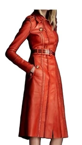 Leather Trench Coat Women's Genuine Lambskin Winter Long Overcoat Jacket Outwear - Picture 1 of 18