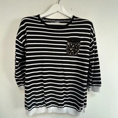 Suéter Brax Mujer Negro Blanco Rayas con Bolsillo Adornado Talla 42 Pullover Foto 1 de 4