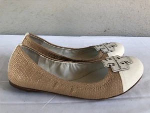 EUC Tory Burch Ballerinas US 9M flach beige weiß Lederkappe Zehe Logo Schuh A - Bild 1 von 9