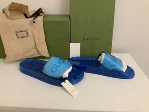 GUCCI HERREN BLAU TRANSPARENT GUMMI LOGO PANTOLETTEN GRÖSSE 10 US (9 UK) NEU HERGESTELLT IN ITALIEN - Bild 1 von 13
