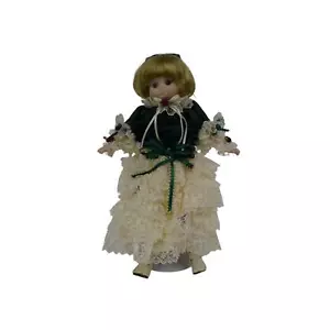 Vintage 14" Porcelain Girl Doll Pouty Face Green White Dress w Roses Stand FR51 - Picture 1 of 12