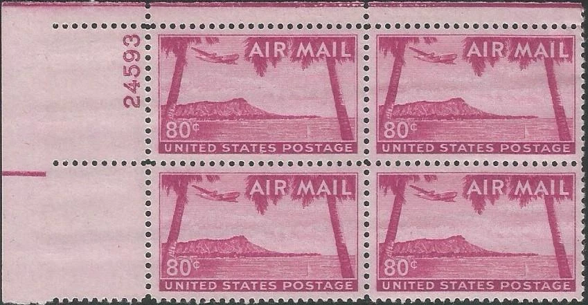 Plate Block of 4 stamps - Scott C46 - 80 cent - 1952 - Hawaii - Air Mail - MNH - Image 1 of 1