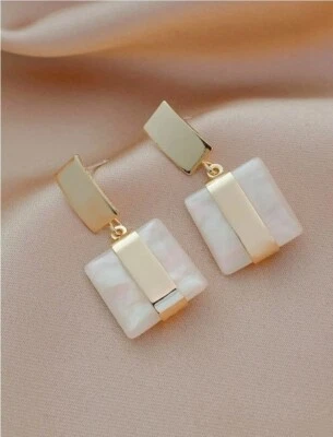 Womens Gold Metal White Geometric Dangle Drop Decor Earrings Evening Party Gift - Image 1 of 4