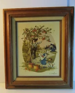 Amish Children, picking Apples Oil On Canvas C. Carson 13” x 16” Wood Framed Art - Picture 1 of 3