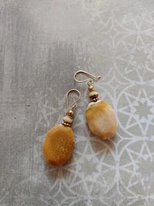 Vintage Ohrringe 14k Gold gefüllt versteinerte Koralle facettiert Tschechisch Glas Handwerker 2" - Bild 1 von 8