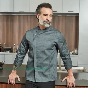 Men Women Chef Work Breathable Kitchen Gray Collar Long-Sleeved Chef Coat Jacket - Picture 1 of 19