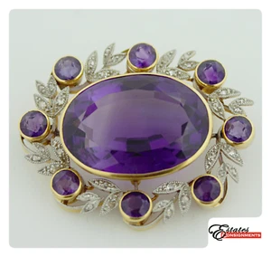 Edwardian Platinum Topped-14k Gold with 9 Amethyst and Rose-Cut Diamond Brooch - Picture 1 of 8