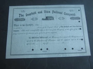 c.1880's - DEERFIELD and UTICA RAILROAD COMPANY - Stock Certificate - N.Y. - Picture 1 of 1