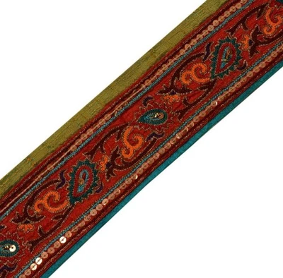 Vintage Saree Border Indian Craft Trim Embroidered Dark Red Sewing Ribbon Lace - Image 1 of 4