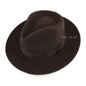 Gents Brown 100% Wool Hand Made Wider Brim Felt Fedora Trilby Hat With Band - Picture 1 of 11