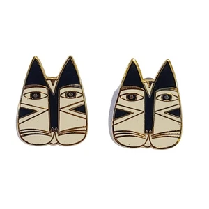 Pendientes perforados vintage firmados Laurel Burch esmalte GATO cara de gato negro blanco - Imagen 1 de 6