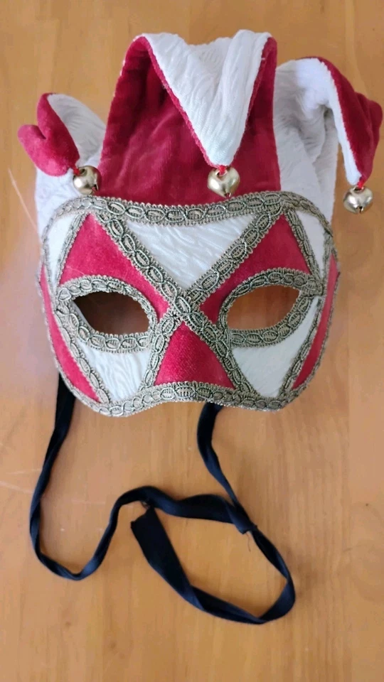 Venetian Masquerade Jester Mask Red & White Embroidered Fabric Handmade Italian - Image 1 of 4