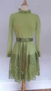 70er VINTAGE 70s MISS ELLIETTE Micro Pleat & Lace Frill SHEER Victorian Dress - Bild 1 von 9