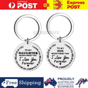 STAINLESS STEEL ENGRAVED SON DAUGHTER CHILD LOVE BELIEVE GIFT KEYRING KEY CHAIN - Picture 1 of 7