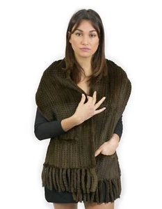 Olive shaved mink scarf 30x160 cm with fringes and soft tricot women's fur pocke - Picture 1 of 3