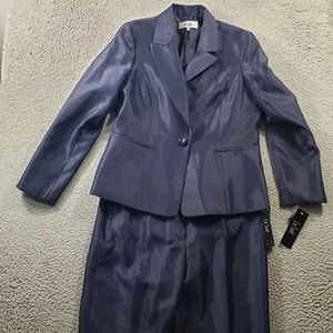 Le Suit Blazer Pants Set Women's 10 Blue One Button Jacket Professional Stretch - Picture 1 of 20